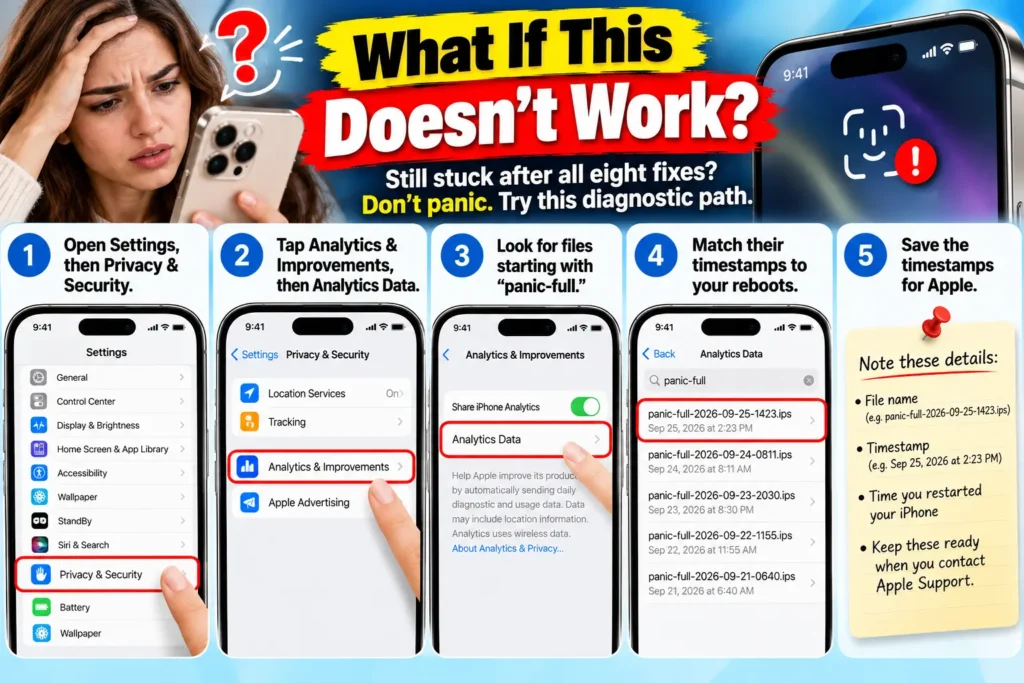 iPhone guide showing how to find panic-full analytics logs and match timestamps to unexpected restarts.