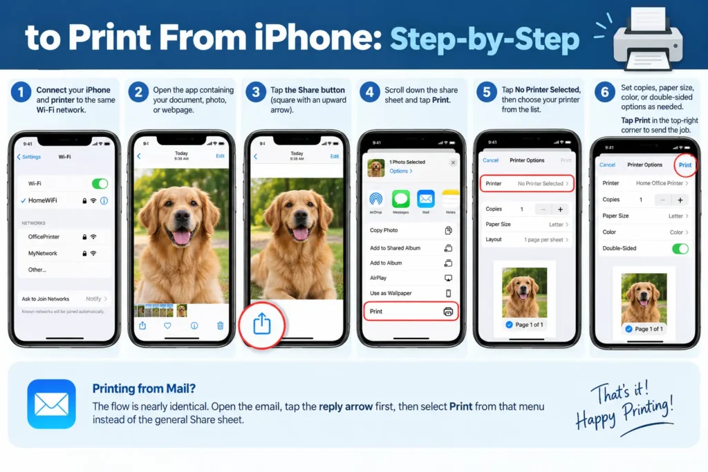 Step-by-step guide showing how to connect an iPhone to a printer and print