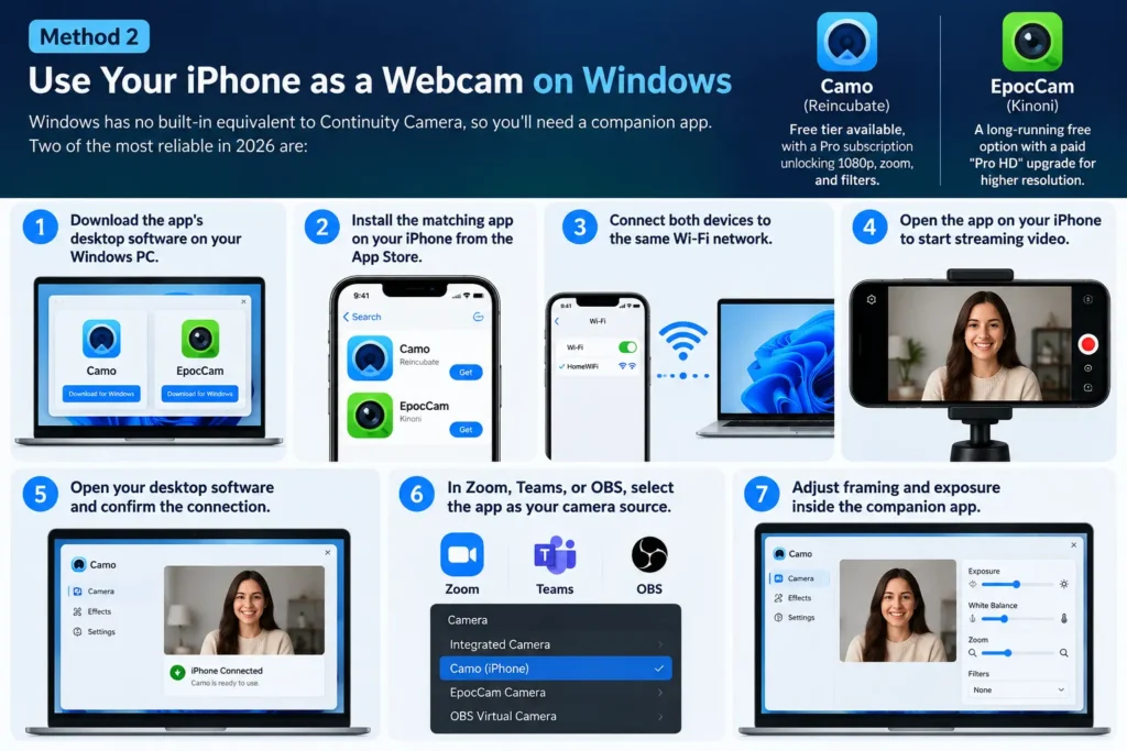 Steps for connecting an iPhone to a Windows PC using Camo or EpocCam