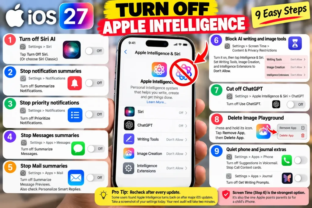 Infographic showing nine steps to turn off Apple Intelligence on iPhone, including Siri, notifications, ChatGPT, and AI writing tools.