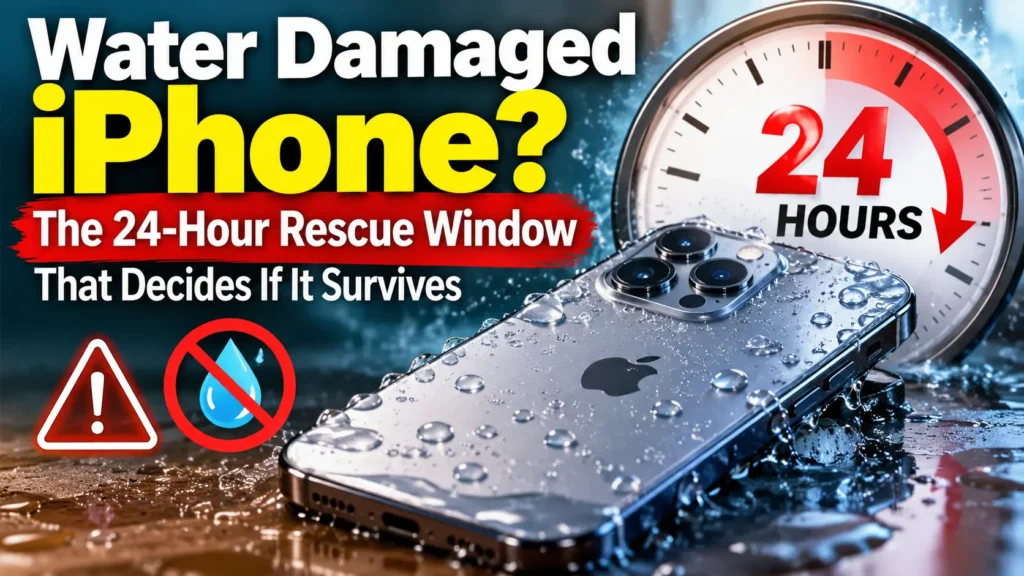 Water-damaged iPhone with 24-hour rescue window and emergency drying warning
