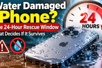 Water-damaged iPhone with 24-hour rescue window and emergency drying warning