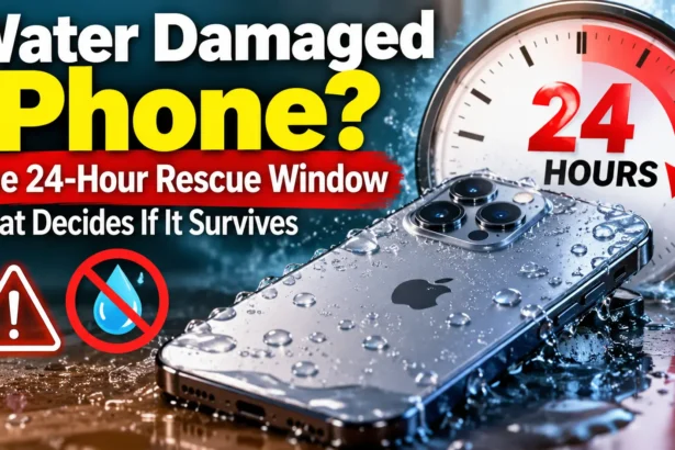 Water-damaged iPhone with 24-hour rescue window and emergency drying warning