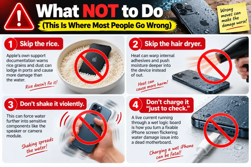 What not to do with a water-damaged iPhone including rice, hair dryer, shaking and charging