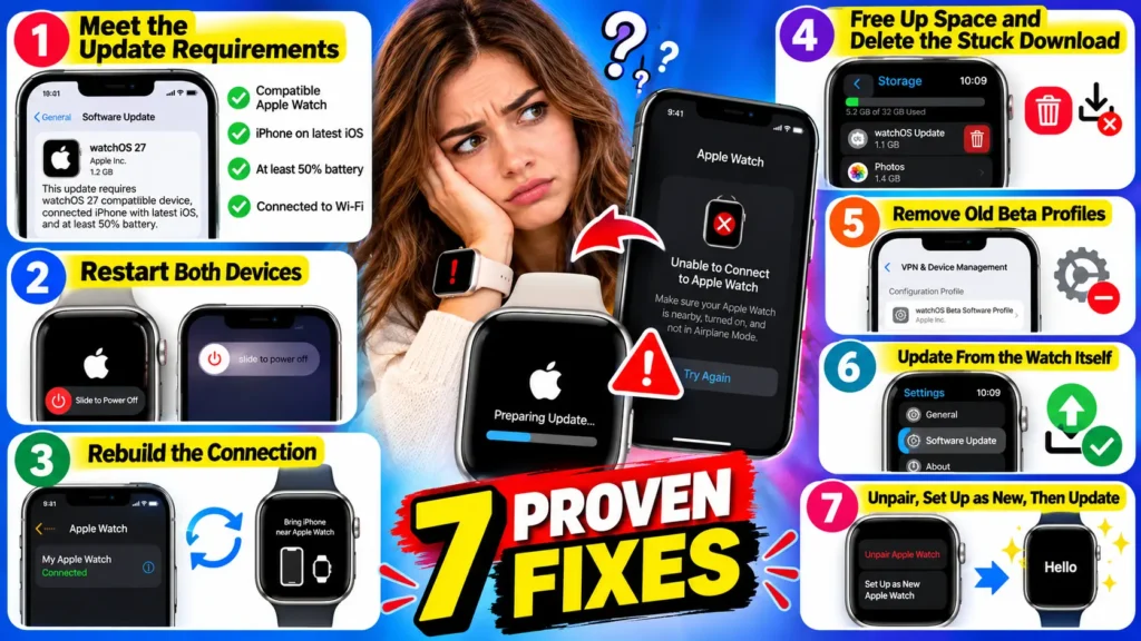 Seven Apple Watch troubleshooting fixes for update requirements, restarting devices, reconnecting, clearing storage, removing beta profiles, updating directly, and unpairing.