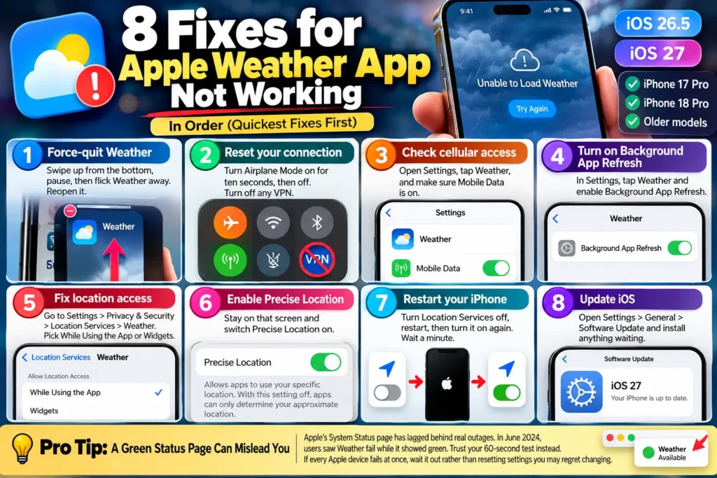 Infographic showing 8 fixes for Apple Weather not working on iPhone, including network resets, location settings, Background App Refresh, restarting, and updating iOS.