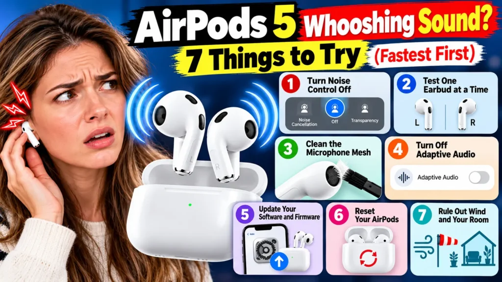 Seven fixes for AirPods 5 whooshing sound, including Noise Control, microphone cleaning, and resetting.