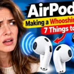Woman holding an AirPod while troubleshooting a whooshing sound.