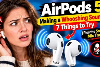 Woman holding an AirPod while troubleshooting a whooshing sound.