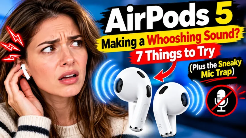 Woman holding an AirPod while troubleshooting a whooshing sound.