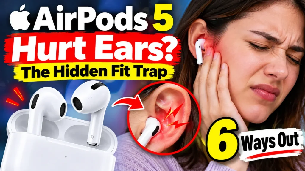 Woman pressing her ear while wearing an AirPod beside an AirPods charging case