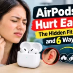Woman experiencing ear pain while wearing AirPods 5.