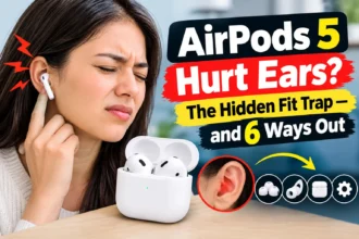 Woman experiencing ear pain while wearing AirPods 5.