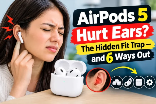 Woman experiencing ear pain while wearing AirPods 5.