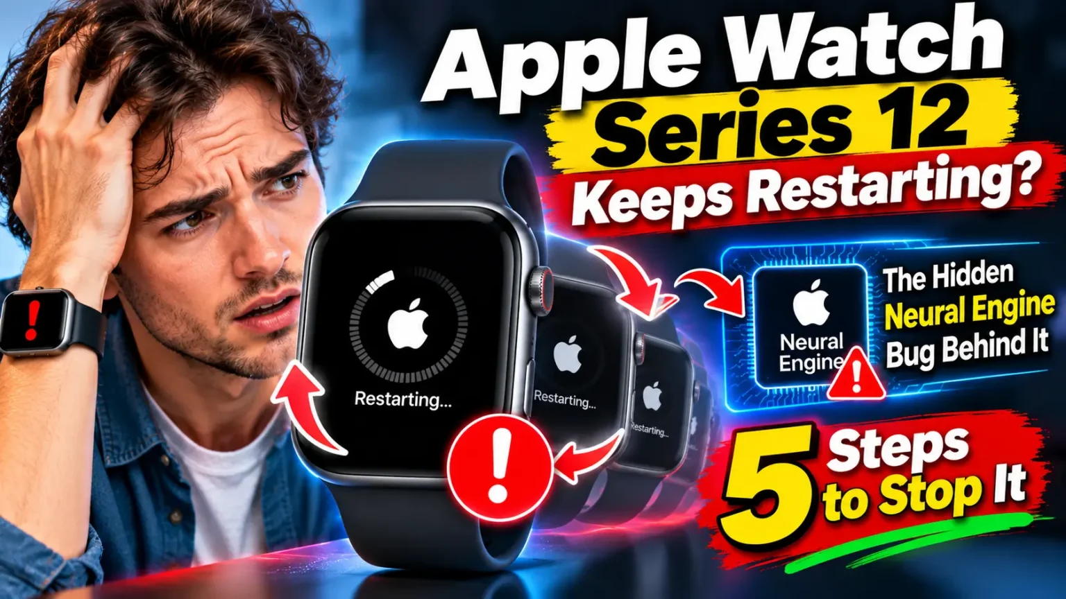 Apple Watch Series 12 repeatedly restarting with a loading screen, warning symbol, and Neural Engine bug headline.