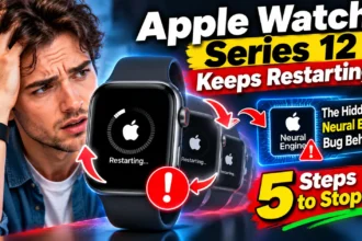 Apple Watch Series 12 repeatedly restarting with a loading screen, warning symbol, and Neural Engine bug headline.