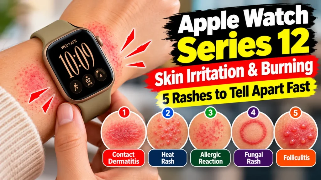 Apple Watch Series 12 on a wrist with skin irritation, redness, and five types of rashes to identify. Copy