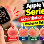 Apple Watch Series 12 on a wrist with skin irritation, redness, and five types of rashes to identify. Copy