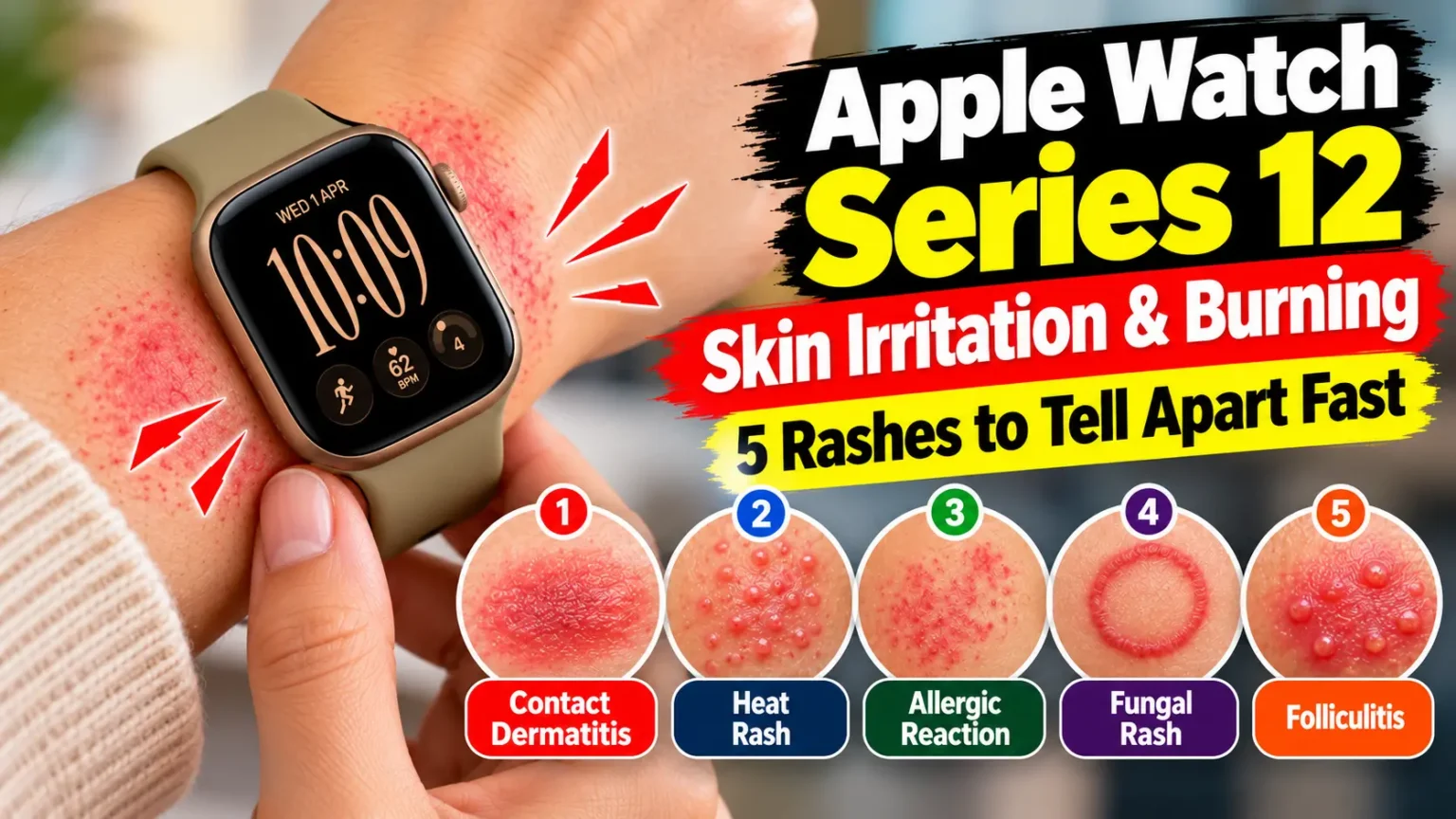 Apple Watch Series 12 on a wrist with skin irritation, redness, and five types of rashes to identify. Copy