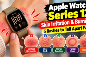 Apple Watch Series 12 on a wrist with skin irritation, redness, and five types of rashes to identify. Copy