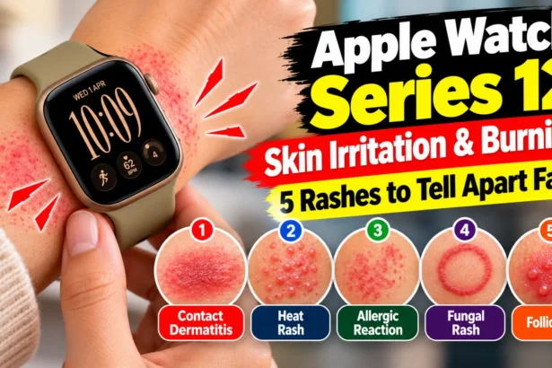 Apple Watch Series 12 on a wrist with skin irritation, redness, and five types of rashes to identify. Copy