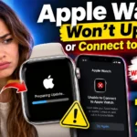 Apple Watch stuck on Preparing Update while iPhone displays an Unable to Connect to Apple Watch error.