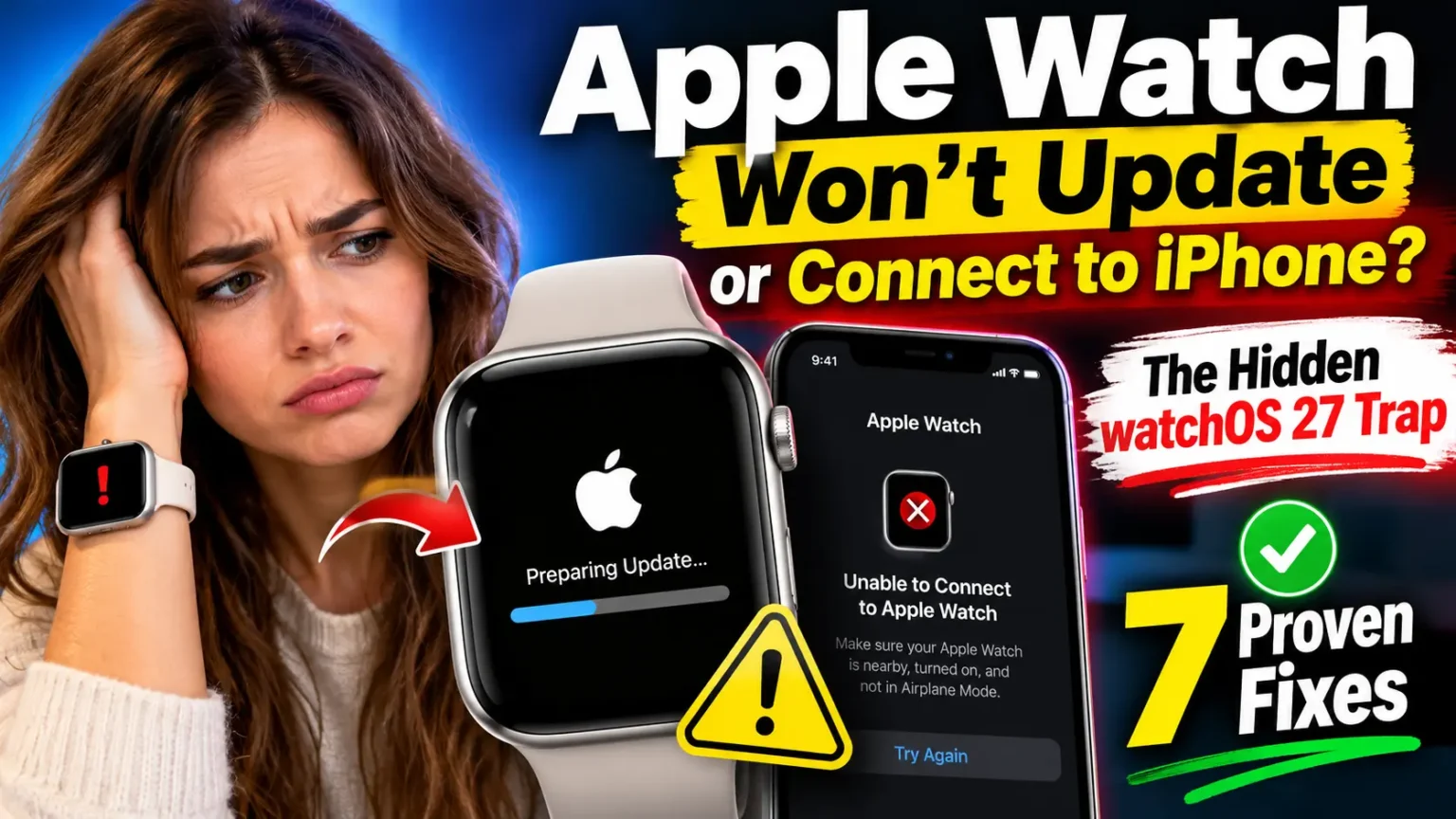 Apple Watch stuck on Preparing Update while iPhone displays an Unable to Connect to Apple Watch error.