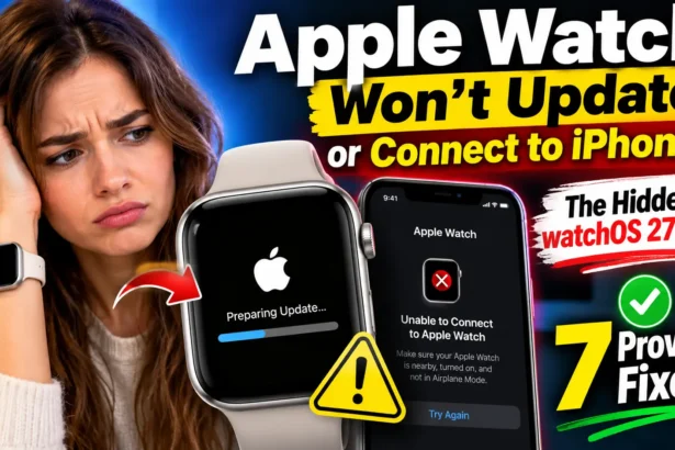 Apple Watch stuck on Preparing Update while iPhone displays an Unable to Connect to Apple Watch error.