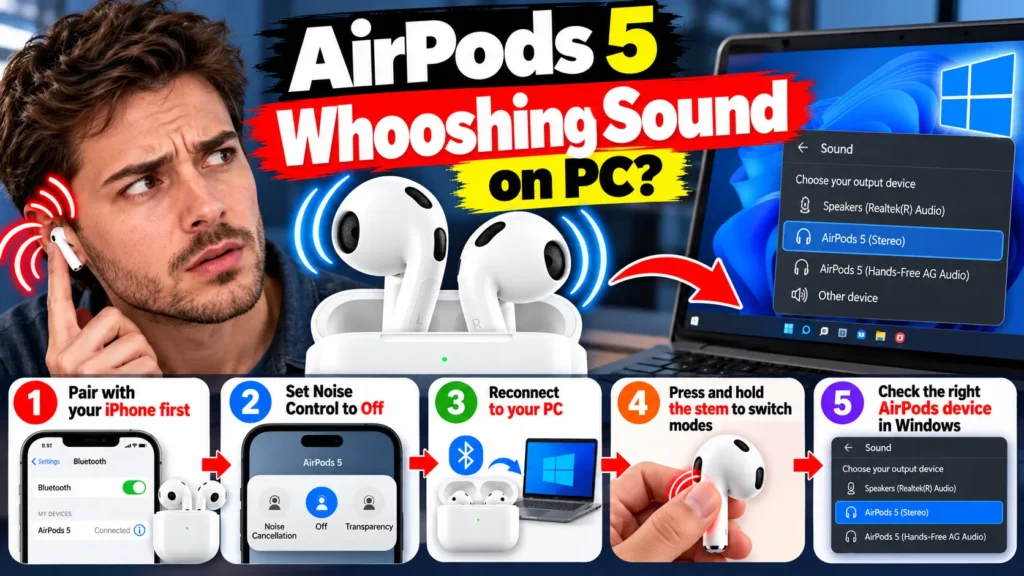 AirPods 5 connected to a Windows laptop with Bluetooth sound output settings displayed.