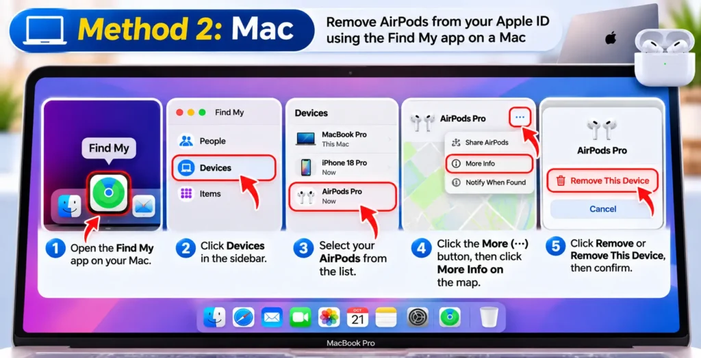 How to remove AirPods from Apple ID using Find My on a Mac