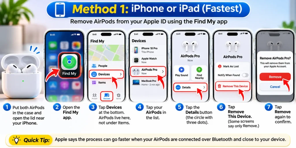 Seven steps to remove AirPods from Apple ID using Find My on iPhone or iPad