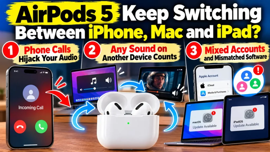 AirPods 5 switching between iPhone, MacBook, and iPad, illustrating three causes: phone calls hijacking audio, sound playing on another device, and mixed Apple accounts or outdated software.
