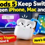 AirPods 5 switching between iPhone, MacBook, and iPad with three sneaky triggers and troubleshooting fixes illustrated.