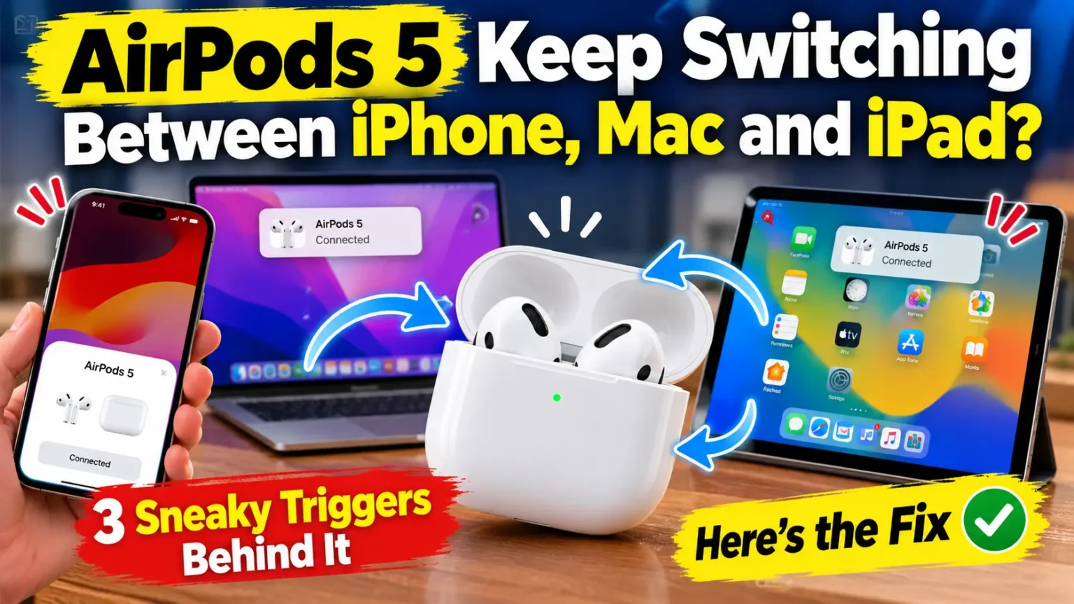 AirPods 5 switching between iPhone, MacBook, and iPad with three sneaky triggers and troubleshooting fixes illustrated.