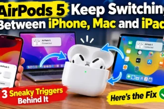AirPods 5 switching between iPhone, MacBook, and iPad with three sneaky triggers and troubleshooting fixes illustrated.