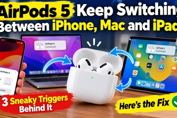 AirPods 5 switching between iPhone, MacBook, and iPad with three sneaky triggers and troubleshooting fixes illustrated.