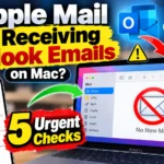 Apple Mail not receiving Outlook emails on Mac thumbnail showing a MacBook with a no-new-mail warning, an iPhone displaying Outlook messages, and a Microsoft EWS cutoff alert.