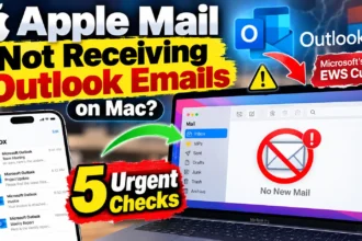 Apple Mail not receiving Outlook emails on Mac thumbnail showing a MacBook with a no-new-mail warning, an iPhone displaying Outlook messages, and a Microsoft EWS cutoff alert.