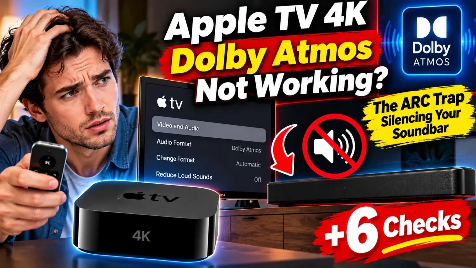 Apple TV 4K Dolby Atmos not working, with a muted soundbar, audio settings, and the HDMI ARC trap.