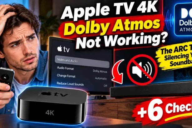 Apple TV 4K Dolby Atmos not working, with a muted soundbar, audio settings, and the HDMI ARC trap.