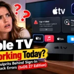 Frustrated woman holding an Apple TV remote while a television displays sign-in failed and playback error messages, with tvOS 27 branding.