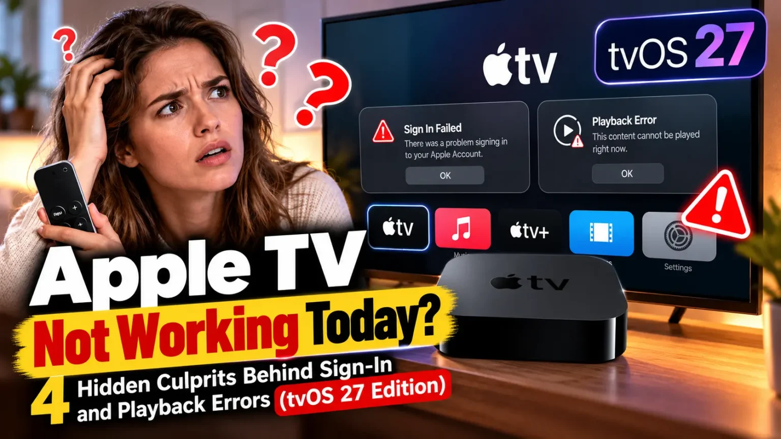 Frustrated woman holding an Apple TV remote while a television displays sign-in failed and playback error messages, with tvOS 27 branding.