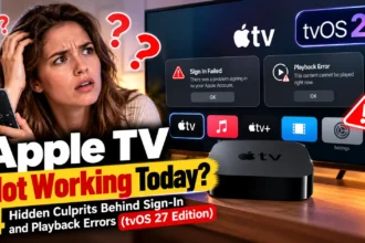 Frustrated woman holding an Apple TV remote while a television displays sign-in failed and playback error messages, with tvOS 27 branding.