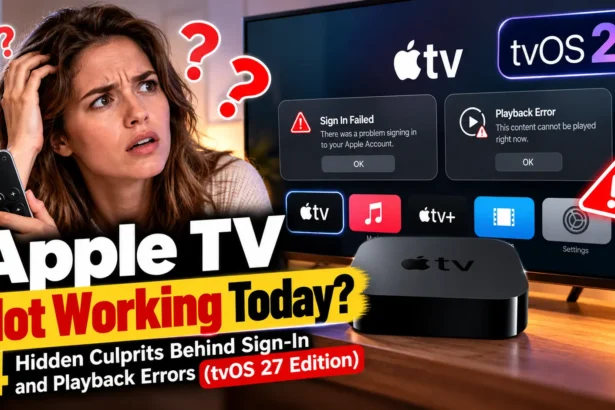 Frustrated woman holding an Apple TV remote while a television displays sign-in failed and playback error messages, with tvOS 27 branding.