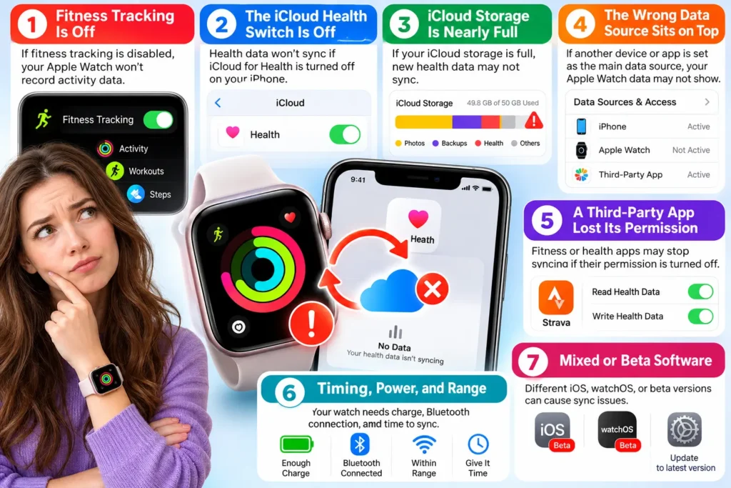 Apple Watch sync troubleshooting infographic showing seven potential causes of Health data syncing problems, including fitness tracking, iCloud settings, storage, data sources, app permissions, connectivity, and beta software.