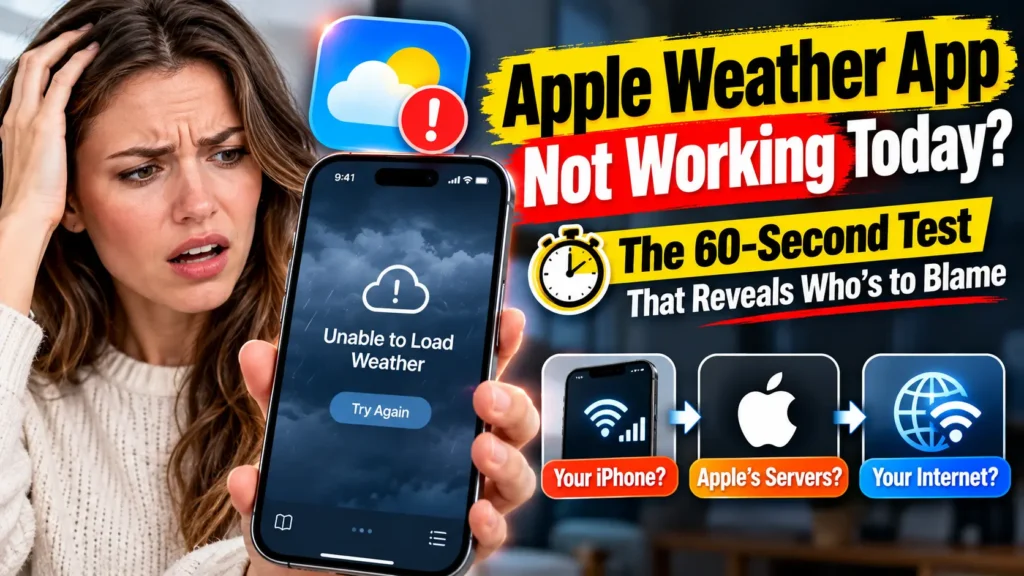 Worried woman holding an iPhone showing an Unable to Load Weather error, with a graphic explaining the 60-second test for Apple Weather problems.