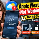 Worried woman holding an iPhone showing an Unable to Load Weather error, with a graphic explaining the 60-second test for Apple Weather problems.