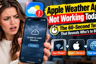 Worried woman holding an iPhone showing an Unable to Load Weather error, with a graphic explaining the 60-second test for Apple Weather problems.