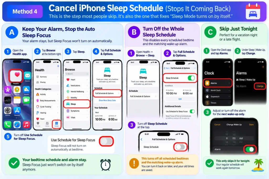 iPhone Sleep Schedule infographic showing how to disable automatic Sleep Focus, turn off the sleep schedule, or skip one night's alarm.
