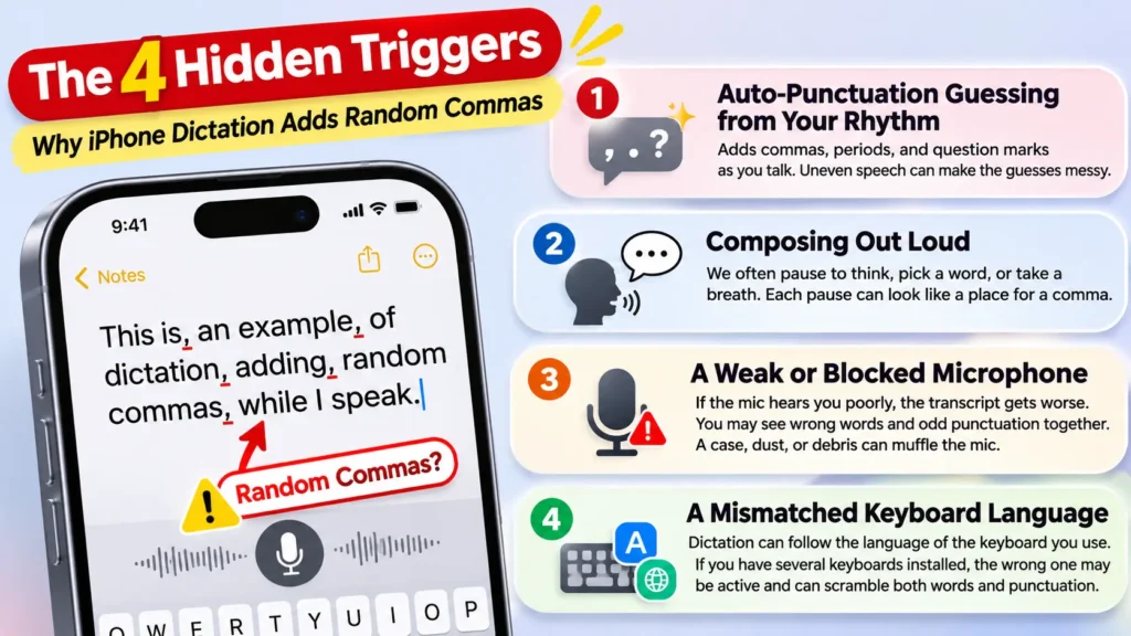 Four hidden triggers behind random commas in iPhone Dictation, illustrated with an iPhone Notes screen and punctuation errors.